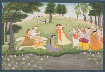 Die Götter singen und tanzen für Shiva und Parvati